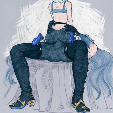 genshin impact, furina (genshin impact), neuvillette (genshin impact), die lian hua, 1boy, 1girls, ass, back view, blue hair, bra, bubble ass, bubble butt, bulge, bulge through clothing, clothed