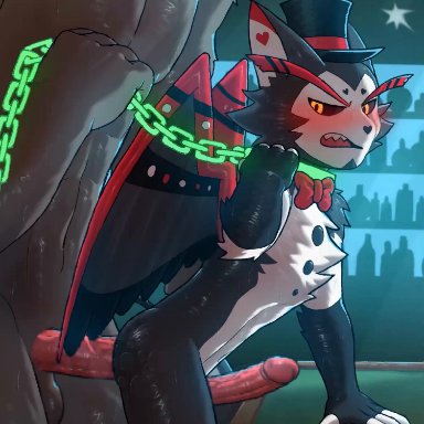 hazbin hotel, husk (hazbin hotel), horumu, anal, anal orgasm, anal sex, anthro, anthro penetrating, anthro penetrating anthro, big penis, black fur, blush, bodily fluids, bondage, catboy