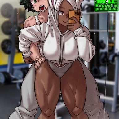 my hero academia, shueisha, izuku midoriya, miruko, rumi usagiyama, shosho oekaki, 1boy1girl, age difference, bunny ears, dark-skinned female, embarrassed, freckles, gym, hands on hips, holding phone