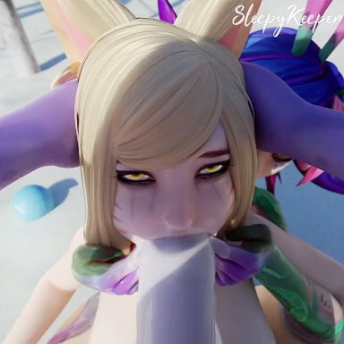 league of legends, riot games, ahri, neeko, soraka, sleepykeeper, 1futa, 2girls, animal ears, assisted fellatio, balls, beach, big breasts, big penis, blender