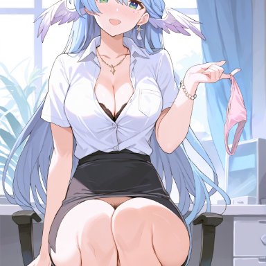 honkai: star rail, robin (honkai: star rail), 1girls, angel, angel wings, blonde hair, bra, breasts, cleavage, female, green eyes, naughty face, no panties, office lady, panties