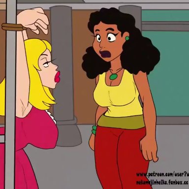 american dad, futurama, amy wong, francine smith, linda memari, nekomajinsama, 3girls, big breasts, female only, female/female, forced kiss, french kiss, groping, groping ass, huge ass