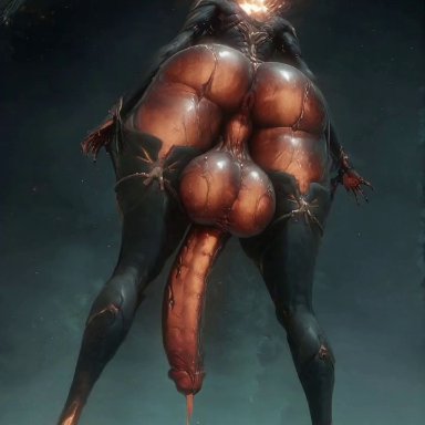 warframe, ember (warframe), ember heirloom (warframe), 1futa, ai video, anus, ass, cum, from behind, futanari, huge penis, large testicles, penis, solo, standing