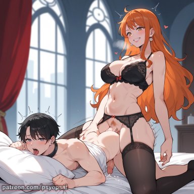 one piece, nami, nami (one piece), artist psyopsai, 1boy, 1futa, anal, anal sex, clothed, clothing, curvy, femboy, femboysub, futa on male, futadom