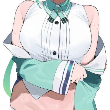 genshin impact, sucrose (genshin impact), okpriko, animal ears, ass visible through thighs, averting eyes, black thighhighs, breasts, female, female pubic hair, glasses, green hair, hair between eyes, jacket, large breasts