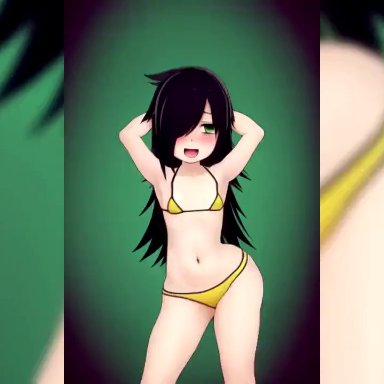 kuroki tomoko, furatto, 1boy, ass, bags under eyes, big ass, bikini, black hair, blush, bottom heavy, dancing, doggy style, female, fingering, fingering pussy