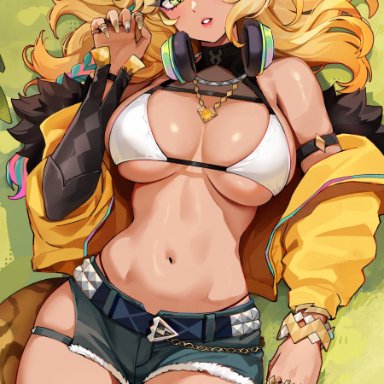 genshin impact, xilonen (genshin impact), foxyreine, 1girls, animal ears, bikini top, blonde hair, breasts, cleavage, female, green eyes, huge breasts, kemonomimi, long hair, outdoors