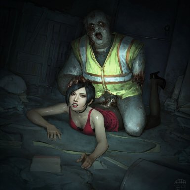 resident evil, resident evil 2 remake, ada wong, erodun, 1girls, ambiguous penetration, asian, asian female, ass, black hair, black legwear, blood, breasts, brown eyes, cleavage