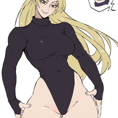 jujutsu kaisen, choso kamo, yuki tsukumo, mg99, mg991998, athletic female, bare hips, bare legs, bare thighs, big breasts, blonde hair, blush, embarrassed, embarrassed female, hourglass figure