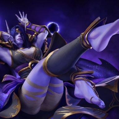 blizzard entertainment, world of warcraft, void elf, xal'atath, kresto the artist, 1girls, barefoot, big breasts, female, female only, foot fetish, magic, markings, painted toenails, rings