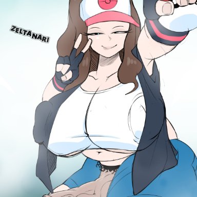 pokemon, pokemon bw, hilda (pokemon), zeltanari, 1futa, big breasts, clothed, clothing, erection, futa only, futanari, huge cock, hyper, hyper penis, light-skinned futanari