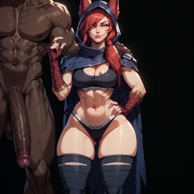 blacked, league of legends, riot games, vastaya, xayah, queensphynx, 1boy, 1girls, animal ears, bandages, blacked clothing, breast tattoo, breasts, cleavage, cloak