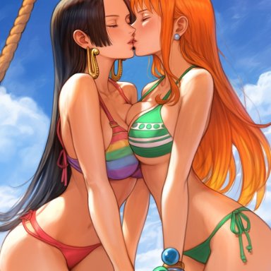 one piece, boa hancock, nami, artist request, 2girls, bikini, black hair, breast press, closed eyes, female, female only, french kiss, hourglass figure, kissing, large breasts