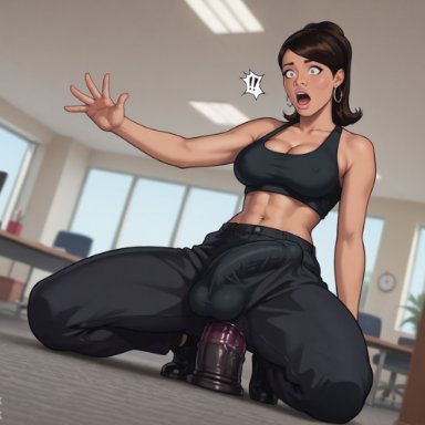 archer (series), lana kane, kexonik, 1futa, 1futanari, anal dildo, balls, ballsack, bimbo, black pants, black tank top, brown hair, cleavage, cock, cumming