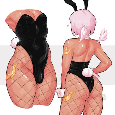 anhel (loggus doggus), loggus doggus, 1boy, angel, angel boy, ass, bulge, bunny ears, bunny tail, bunnysuit, crossdressing, femboy, fishnets, girly, male