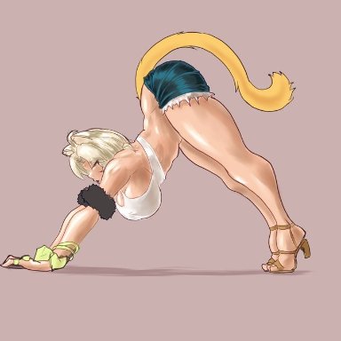 genshin impact, xilonen (genshin impact), ndahbear, blonde hair, cat ears, cat girl, cat stretch, cat tail, catgirl, hanging breasts, leopard ears, leopard print, looking at viewer, midriff, muscular female