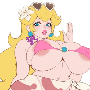 mario (series), nintendo, super mario bros., princess peach, suavicreamdraws, 1girls, areola slip, big breasts, bikini, blue eyes, breasts, earrings, lipstick, nipple bulge, nipples