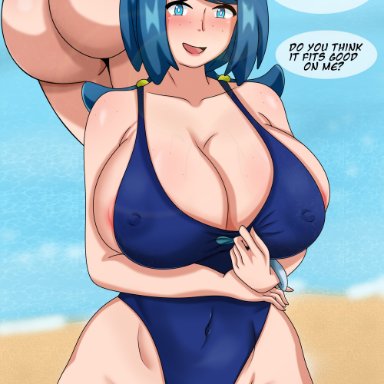 game freak, pokemon, pokemon sm, lana's mother (pokemon), mattc-art, 1girls, areola slip, areolae, armwear, ass, ass shot, big ass, big breasts, blue eyes, blue hair