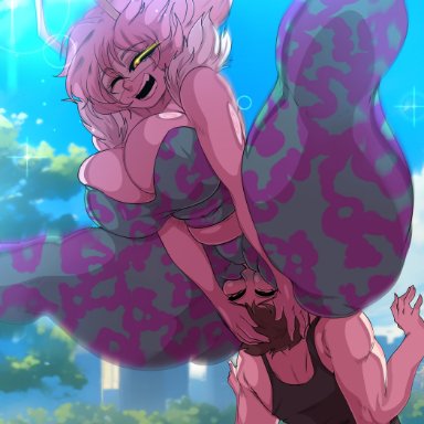 my hero academia, mina ashido, mina ashido (hero outfit), okioppai, 1boy, 1girls, clothed, clothed female, clothing, female, hero outfit (mha), humanoid, male, pink body, pink hair