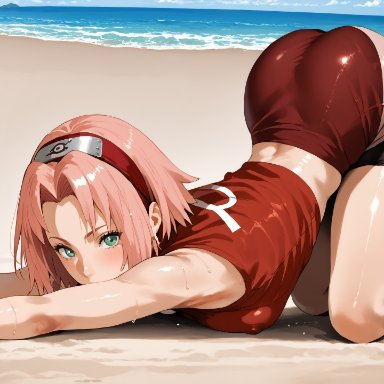 naruto, naruto (classic), naruto (series), naruto shippuden, sakura haruno, krispykenny, 1girls, arched back, armpit, armpits, back, back arch, black shorts, breasts, cat pose