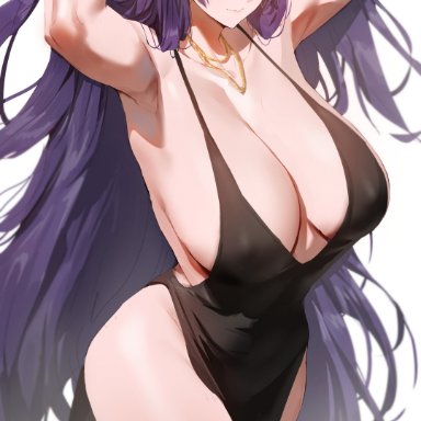 fate (series), fate/grand order, rororo, 1girls, alternate breast size, arms up, black dress, blush, breasts, breasts out, choker, cleavage, closed mouth, cocktail dress, covered nipples