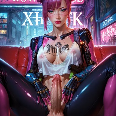 cyberpunk 2077, rita wheeler, naikedart, 1futa, cyberpunk, futa sans pussy, futanari, nipples visible through clothing, prosthetic, solo, solo futa, ai generated, stable diffusion