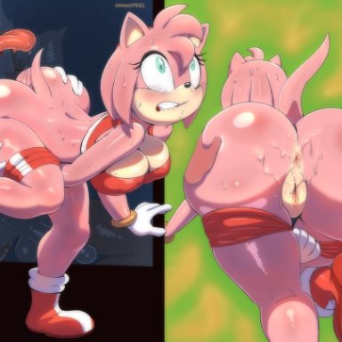 sega, sonic (series), sonic the hedgehog (series), amy rose, miles prower, tails, tails the fox, orange-peel, 1boy, 1girls, anus, ass, big ass, dat ass, female