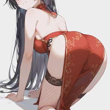 suou yuki, jyabochii, all fours, ass, back view, black hair, blush, breasts, butt crack, chinese clothes, closed mouth, fishnet thighhighs, fishnets, high heels, long hair