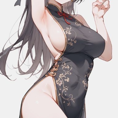 suou yuki, jyabochii, arm behind head, armpits, ass visible through thighs, big breasts, black dress, black hair, black thighhighs, blush, breasts, chinese clothes, groin, hair ribbon, licking own lips