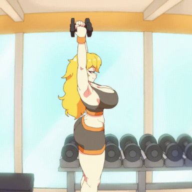 rwby, yang xiao long, rtil, 1girls, armbands, armpits, ass, ass cleavage, big breasts, blonde female, blonde hair, bouncing breasts, breasts, breasts bigger than head, butt crack