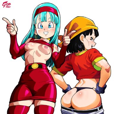 dragon ball, dragon ball gt, bra (dragon ball), bra briefs, pan (dragon ball), godvore, 2girls, aqua hair, areolae, ass, bandana, black eyes, black hair, blue eyes, breasts