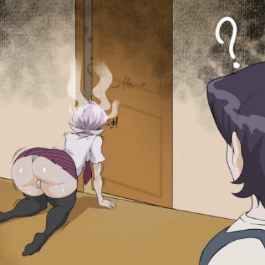 komi-san wa komyushou desu, komi shuuko, osana najimi, alviriaart, 1boy, 1girls, ass, big ass, big butt, femboy, lavender hair, leggings, on knees, panties, peeping