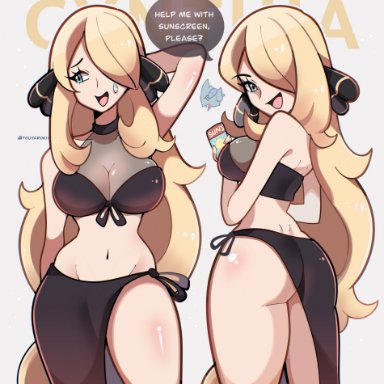 game freak, nintendo, pokemon, pokemon dppt, cynthia (pokemon), touyarokii, 1girls, ass, bikini, bikini bottom, bikini top, black bikini, black bikini bottom, black bikini top, black clothing