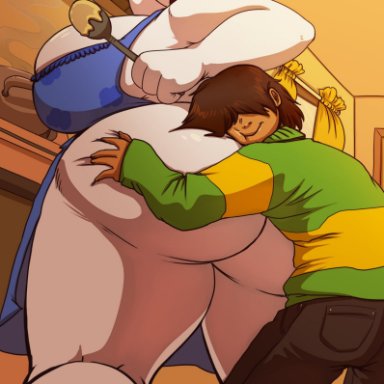 deltarune, kris (deltarune), toriel, bluechika, 1girls, 1other, age difference, ambiguous gender, angry, annoyed, anthro, anthro on human, apron, ass, ass grab