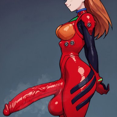 neon genesis evangelion, asuka langley sohryu, arms behind back, big ass, big penis, blue eyes, bodysuit, bubble ass, bubble butt, erect penis, erection, futa only, futanari, headgear, headwear