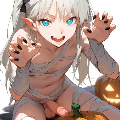 original, gomes, 1boy, bandages, black nails, claw pose, elf, femboy, jack-o'-lantern, light blue eyes, looking at viewer, male, naked bandage, navel, otoko no ko