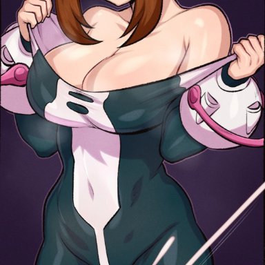 boku no hero academia, my hero academia, ochako uraraka, aldharoku, 1girls, bare shoulders, big breasts, bodysuit, breasts, brown hair, cleavage, clothing, collarbone, covered navel, female