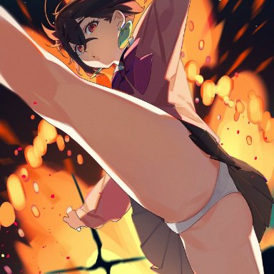 dandadan, ayase momo, brown hair, clothed, earrings, explosion, from below, panties, pantyshot, pussy, spread legs, thighs, underwear, upskirt