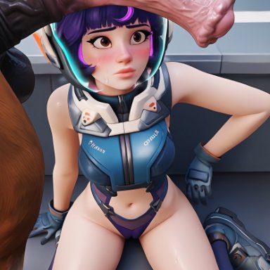 overwatch, overwatch 2, juno (overwatch), kisuco, 1boy, 1girls, absurdly large cock, cock worship, embarrassed female, equine, equine penis, feral on female, flaccid penis, fully clothed, heavy balls