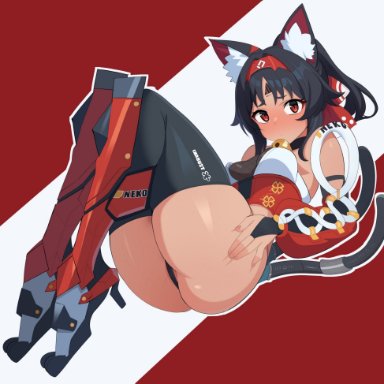 hoyoverse, zenless zone zero, nekomiya mana, maidcousin, animal ears, ass, black hair, breasts, double tail, female, solo, tails, tan skin, upskirt, tagme