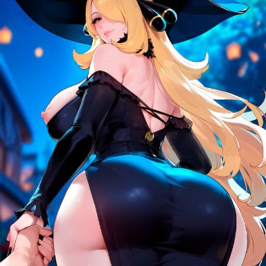 pokemon, cynthia (pokemon), 1girls, alternate costume, ass, bare shoulders, black dress, black legwear, black nails, blonde hair, blurry, breasts, dress, from behind, hair over one eye