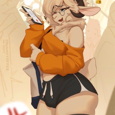 coughytoffee, 1boy, anthro, bovid, bulge, bulge through clothing, caprine, crop top, femboy, fur, holding phone, horn, horns, mammal, phone