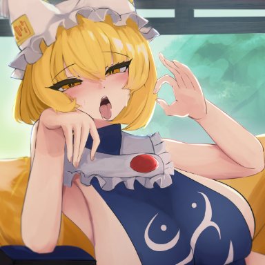 touhou, ran yakumo, yakumo ran, shinonome zakuro, animal hat, areola slip, blonde hair, blue tabard, blush, breasts, collar, elbow rest, eyelashes, fellatio gesture, female