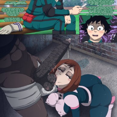 my hero academia, deku, izuku midoriya, ochako uraraka, contingency, 1girls, 2boys, ball sucking, big ass, big balls, big breasts, big penis, brown hair, cuckold, cum