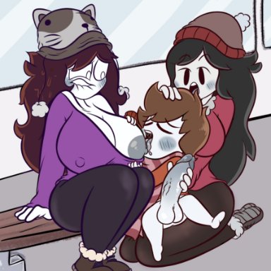 jaiden animations, youtube, jaiden, jaidens mom, scarf boy, dourlycare, 1boy, 2girls, areolae, big areola, big breasts, big penis, breasts, hand on head, handjob