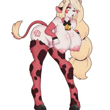 hazbin hotel, wrenzephyr2, 1girls, ass, big breasts, big butt, bimbofication, blonde hair, bow, bowtie, breasts, cow bell, cow ears, cow girl, cow print