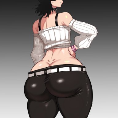 jujutsu kaisen, hoshi kirara, green (artist), 1girls, ass, ass focus, black hair, bubble ass, bubble butt, large ass, large butt, looking at viewer, looking back, piercing, pink hair