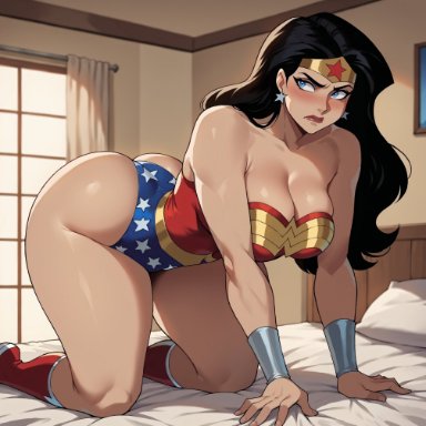 dc comics, justice league unlimited, wonder woman (series), diana prince, wonder woman, smogai, angry face, bare thighs, big ass, big breasts, big butt, black hair, blue eyes, blush, doggy style position