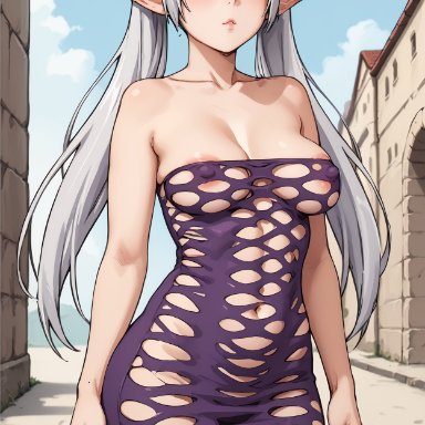 frieren beyond journey's end, sousou no frieren, frieren, sasakinsfw, 1girls, bodycon, dress, elf, elf ears, elf female, elf girl, erect nipples, female, female focus, female only