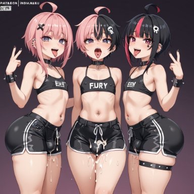 3boys, big ass, bulge, child bearing hips, cum in mouth, cum on face, emo, femboy, goth, multicolored hair, small waist, tongue out, tongue piercing, wide hips, ai generated